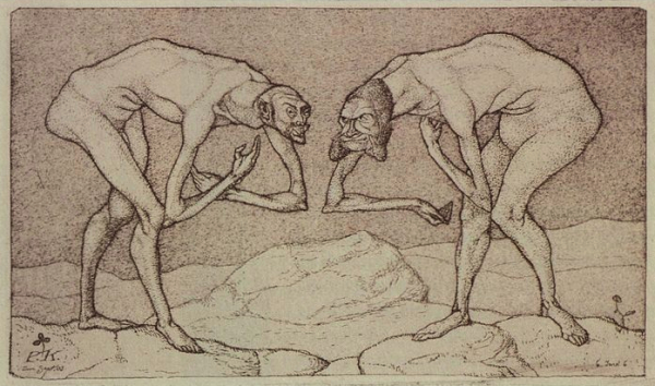 Paul Klee (1903): Zwei Männer, einander in höherer Stellung vermutend, begegnen sich.Wikimedia Commons